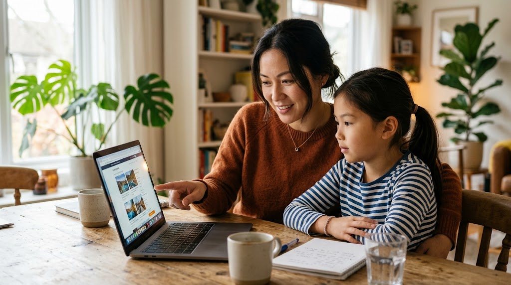 親子でノートパソコンを見ながら、子ども向けオンライン日本語レッスンを比べて選ぶ様子