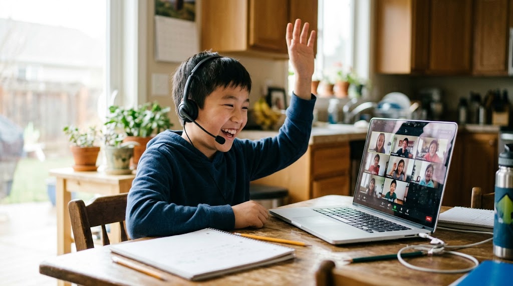 オンラインの少人数グループレッスンに参加し、同世代の友達と楽しそうに日本語で話す子ども