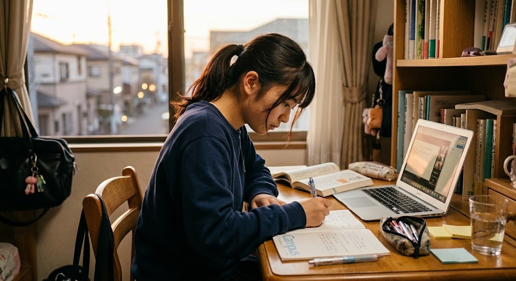 夕方の窓辺の自宅の勉強机で、ノートパソコンと教科書・ノートを広げて編入試験の準備に取り組む日本の女子高校生