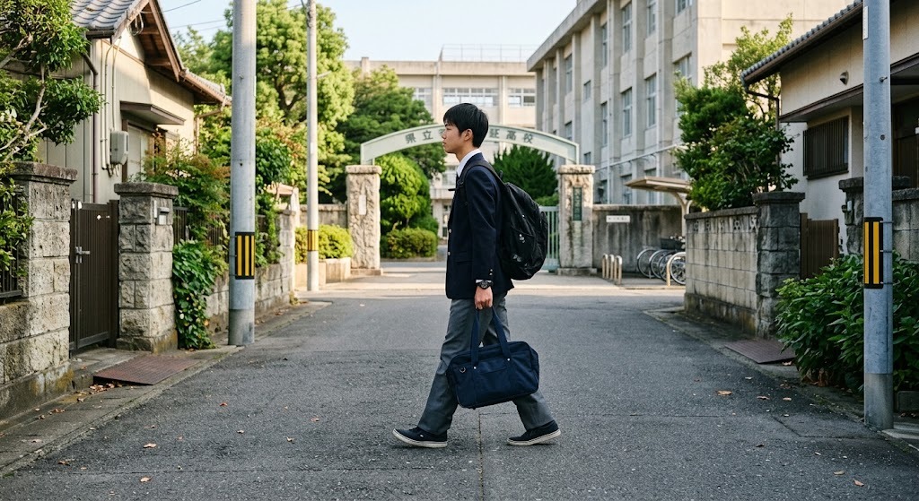 晴れた朝、通学カバンを持って校門・校舎へ向かって歩く日本の男子高校生の全身の後ろ姿