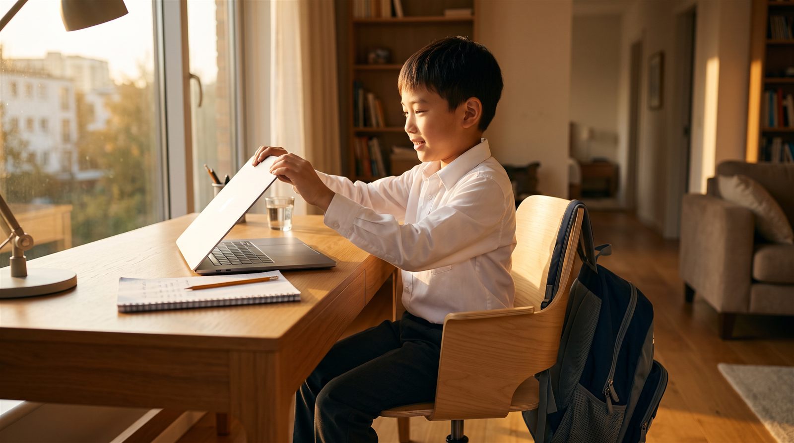 放学回家的孩子在书桌前打开笔记本电脑,准备上在线课