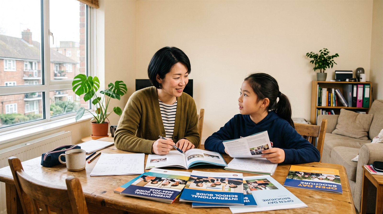 海外の集合住宅のテーブルで、母親と小学校高学年の娘が学校案内の冊子を広げて志望校について話し合っている