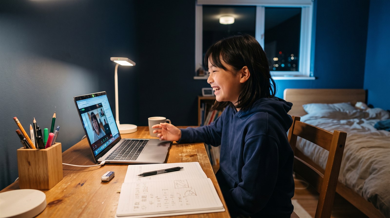夜、海外の子ども部屋の机で、小学校高学年の女の子がノートパソコンの画面に向かって笑いながら話している