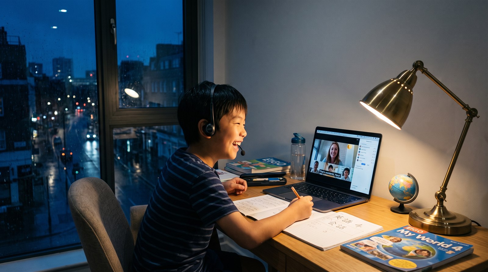 夜、海外の子ども部屋の机で、小学生の男の子がヘッドセットをつけてオンラインの授業を受けている