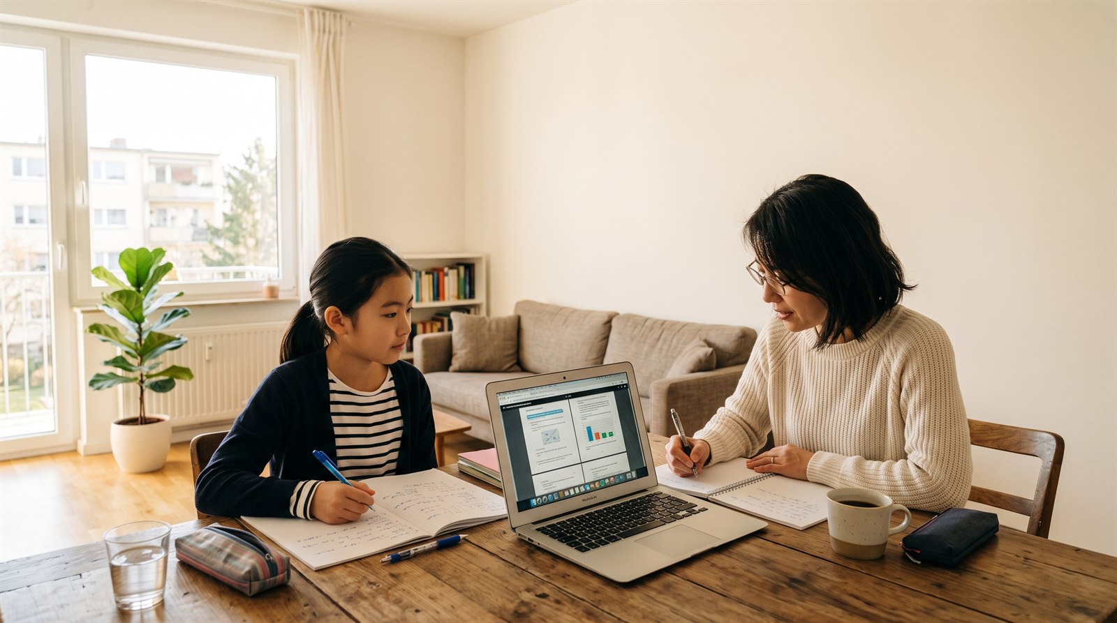 海外の集合住宅のリビングで、母親と小学6年生の娘がノートパソコンのオンライン説明会を見ながらメモを取っている