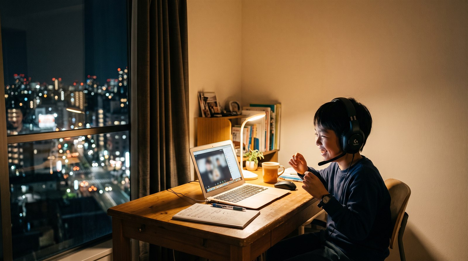 夜、海外の子ども部屋の机で、小学生の男の子がヘッドセットをつけてノートパソコンの相手と笑顔で話している
