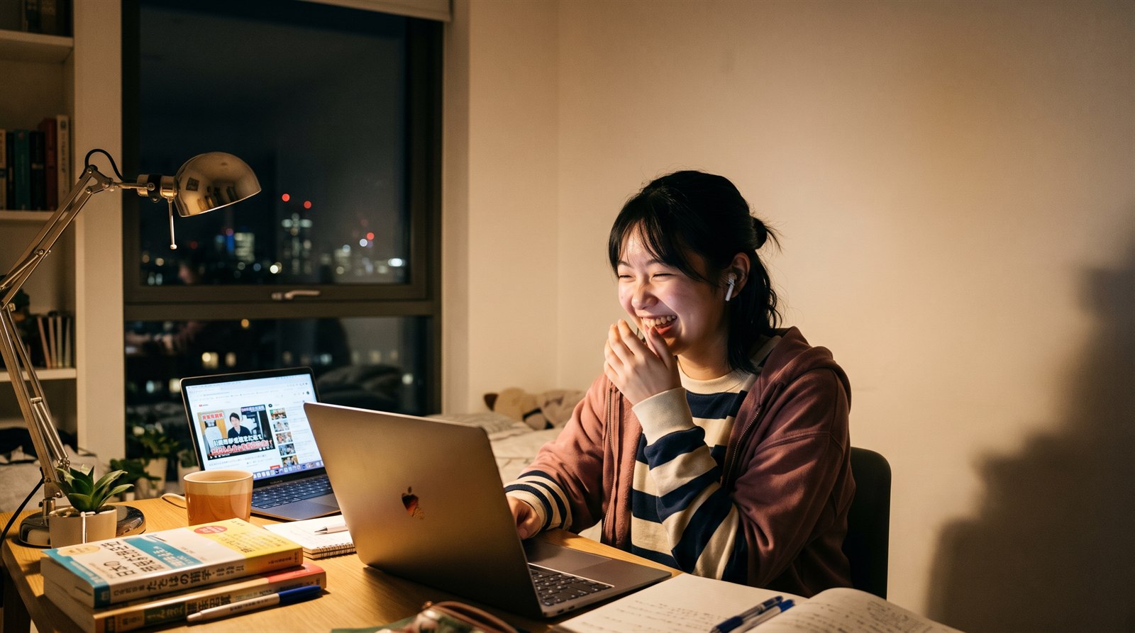 夜、海外のアパートの自室で、女子高校生がノートパソコンの画面を見て笑っている