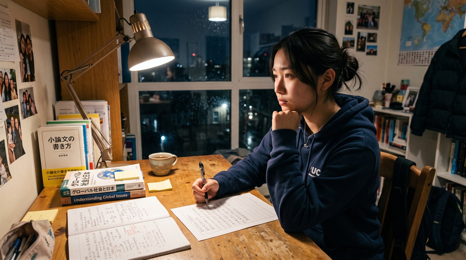 海外の自宅の机で、日本の国公立大学の帰国生特別選抜の募集要項をノートパソコンで読み込む高校生と保護者