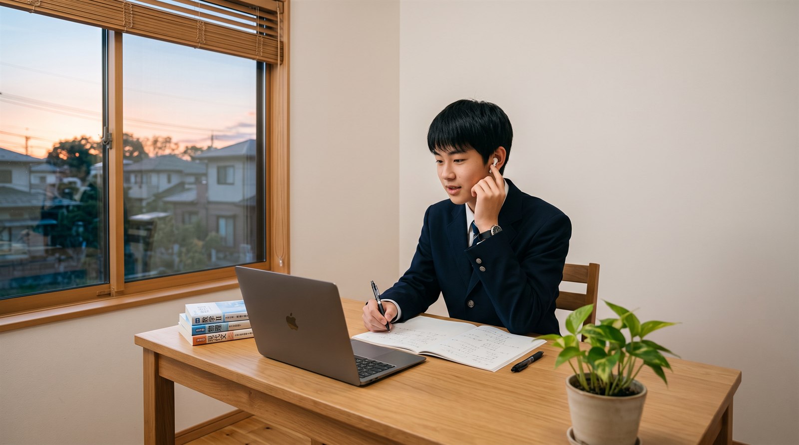 自室の机で、ノートパソコン越しに日本の同世代と日本語で話しながらノートに書き込む高校生
