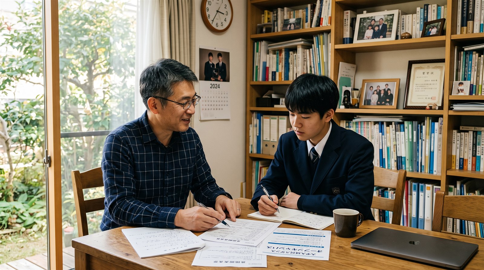 書斎の机で、複数の大学の帰国生入試の募集要項を広げて出願資格を確認する高校生と父親