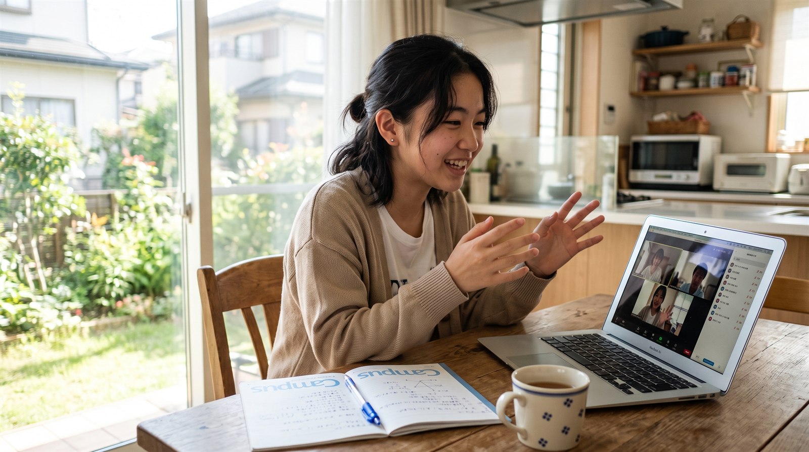 自宅のダイニングで、ノートパソコン越しに日本にいる同世代の友達と日本語で意見を交わしながら学ぶ高校生
