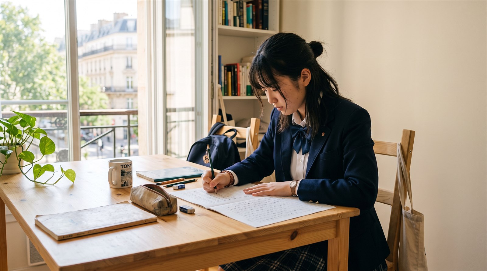 朝、海外のアパートの明るい部屋で、女子高校生が原稿用紙に日本語で文章を書いている