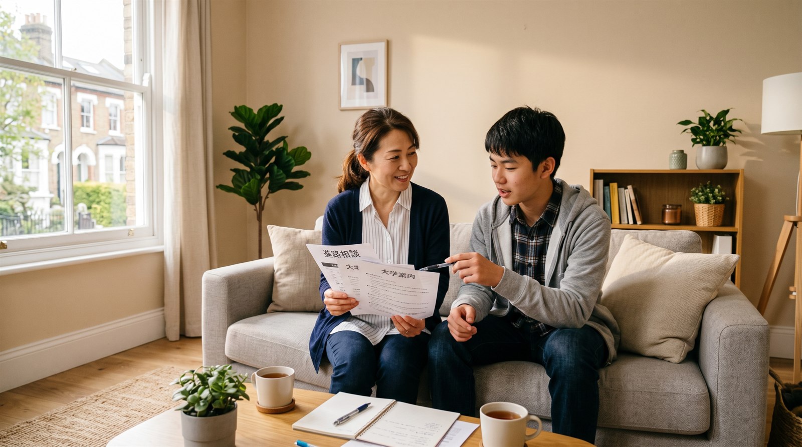 海外のアパートのリビングのソファで、母親と高校生の息子が大学の資料を手に話し合っている