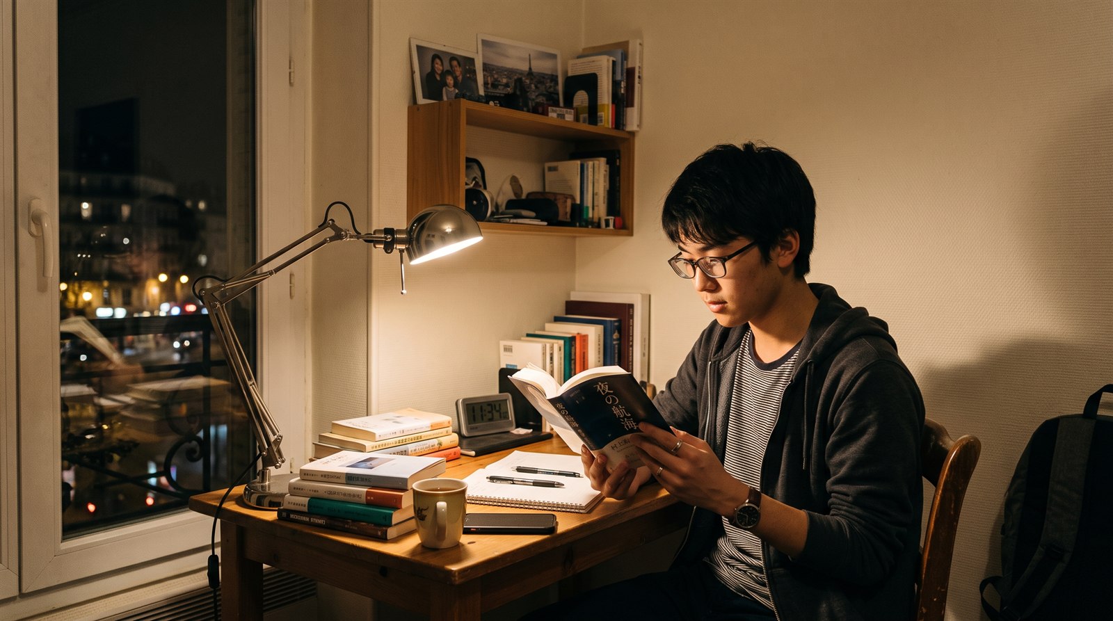 夜、海外のアパートの自室の机で、男子高校生がひとりで本を読んでいる