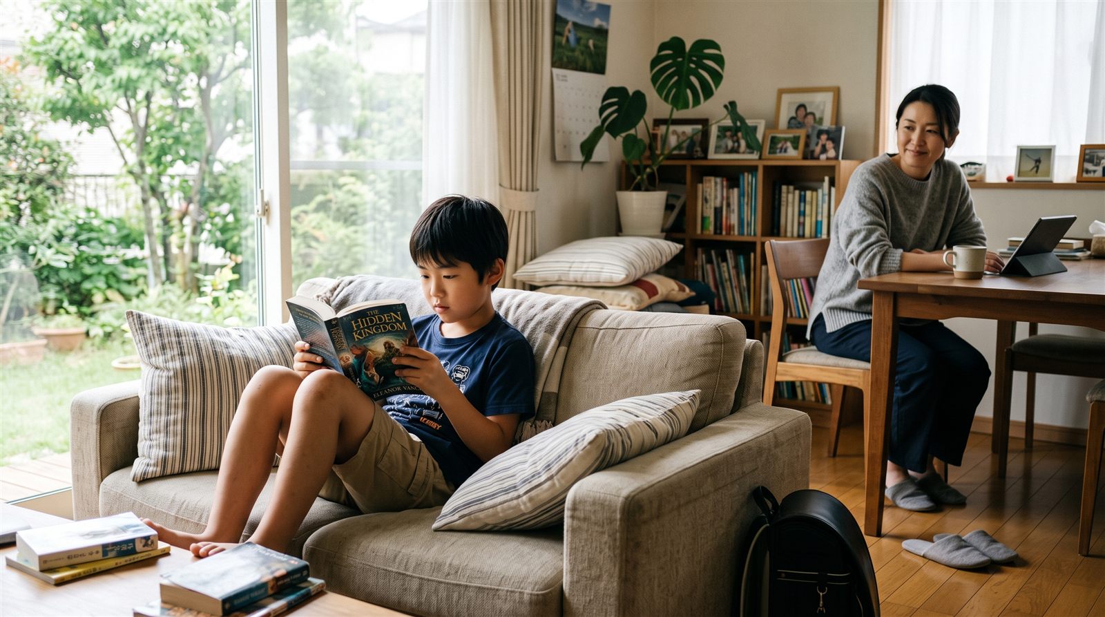 帰国後の自宅のリビングで英語の本を読む小学生と、そばで見守る保護者