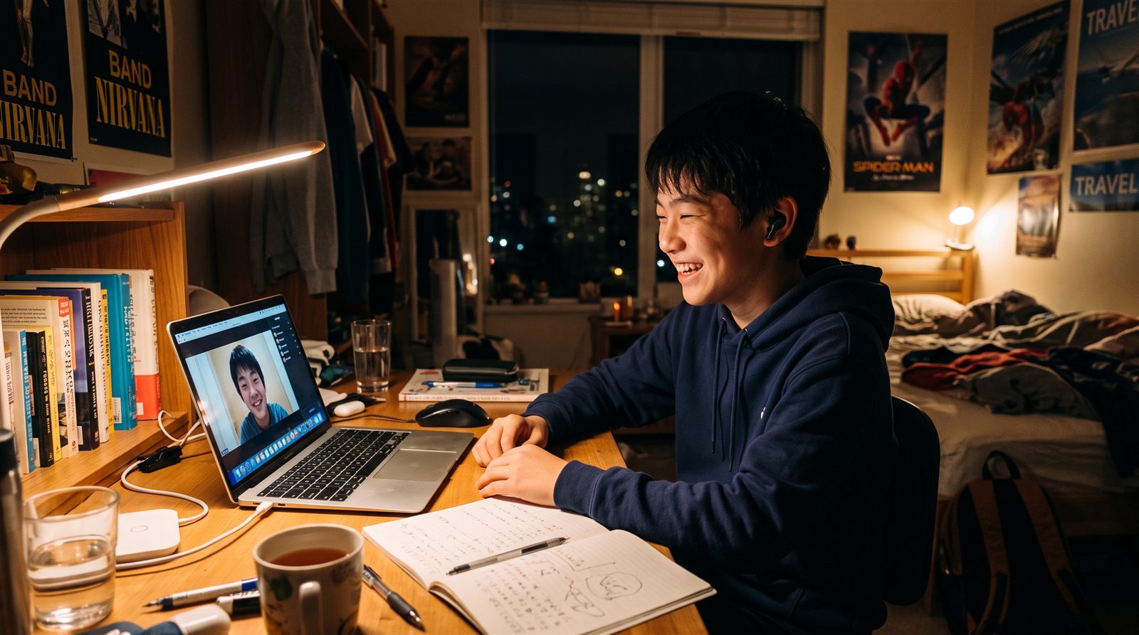 海外の自宅からオンラインの少人数クラスに参加し、日本の同世代の友達と日本語で話す中学生
