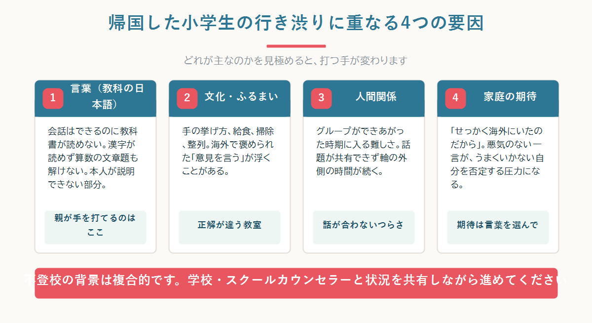 帰国した小学生が学校に行けなくなる背景を、言葉・文化・学習の遅れ・家庭の期待の4つの要因として整理した図