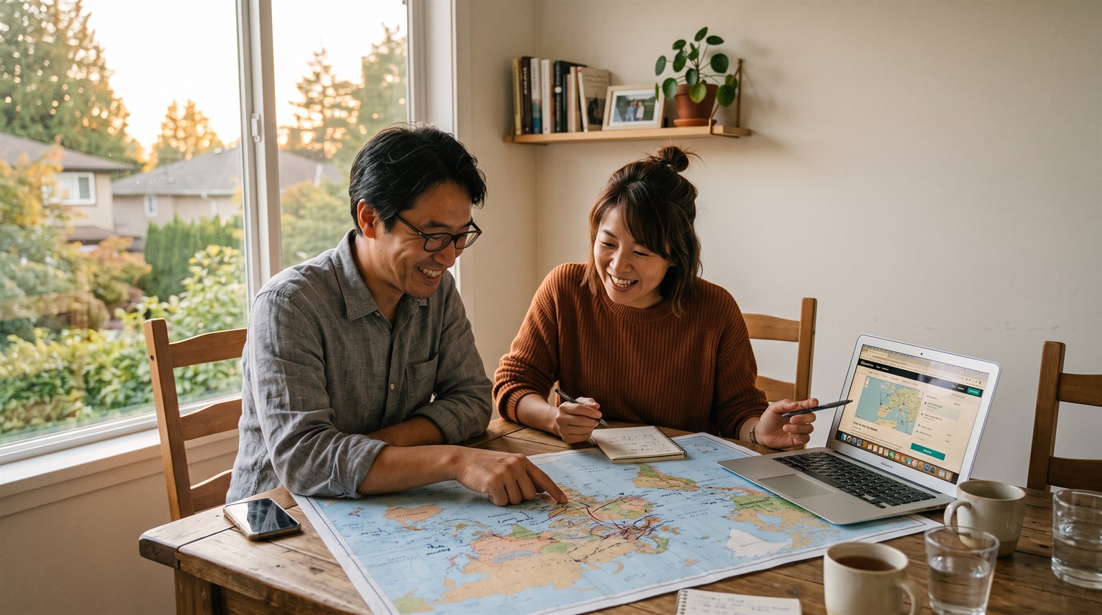 海外の自宅のダイニングで、両親が地図とノートパソコンを見ながら帰国後の住まいについて話し合っている