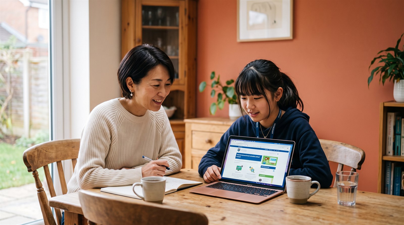 海外の自宅のダイニングテーブルで、母親と中学生の娘がノートパソコンで日本の学校の情報を見ている