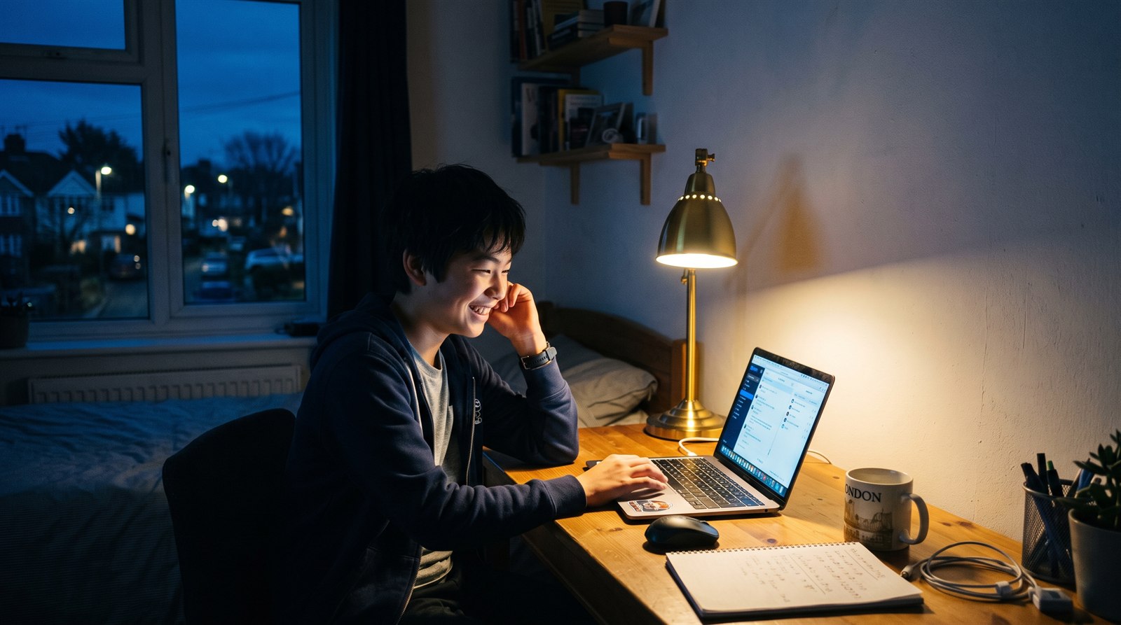 海外の自室の机で、中学生の男の子がノートパソコンの画面に向かって笑いながら話している