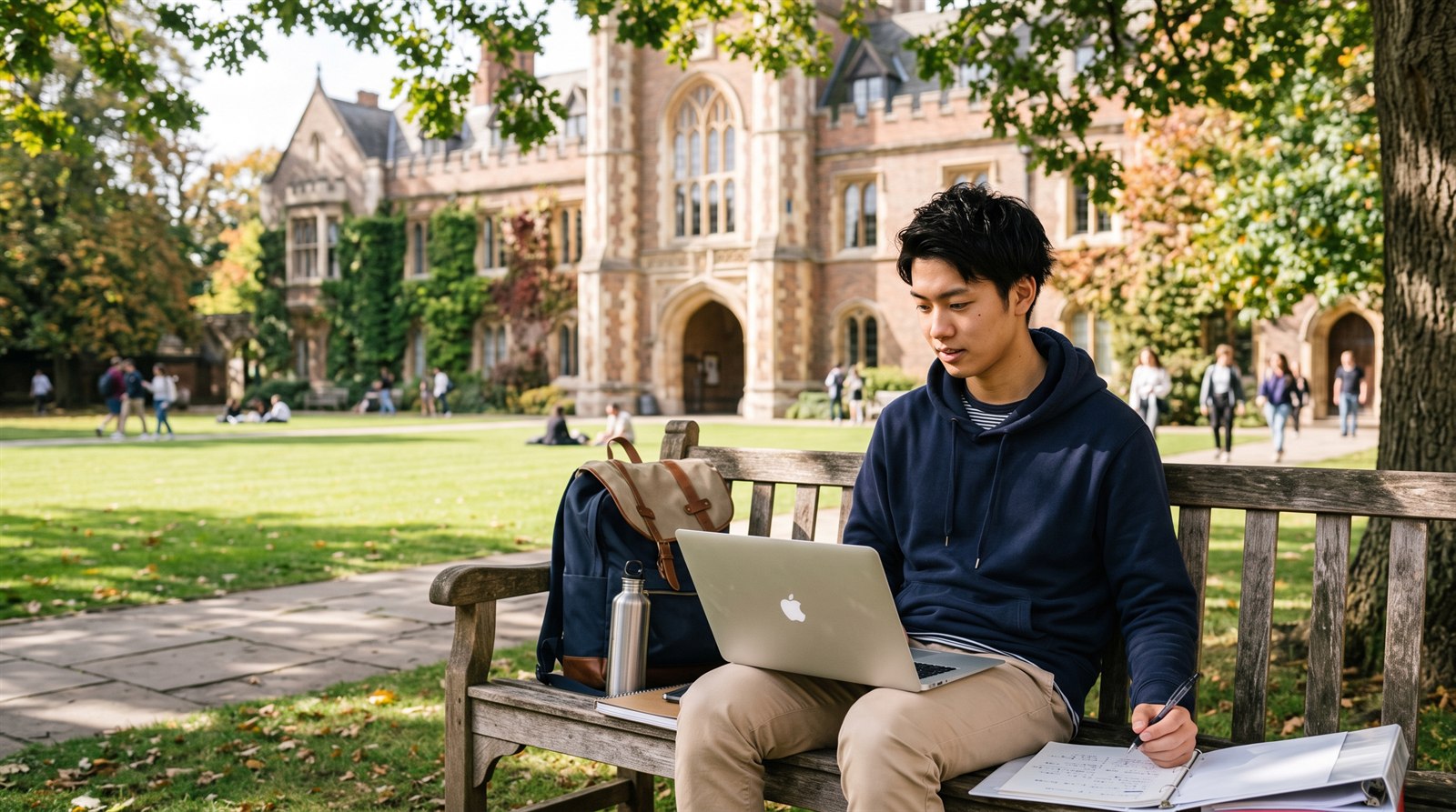 海外の大学のキャンパスのベンチで、学生がノートパソコンを開いて資料を確認している