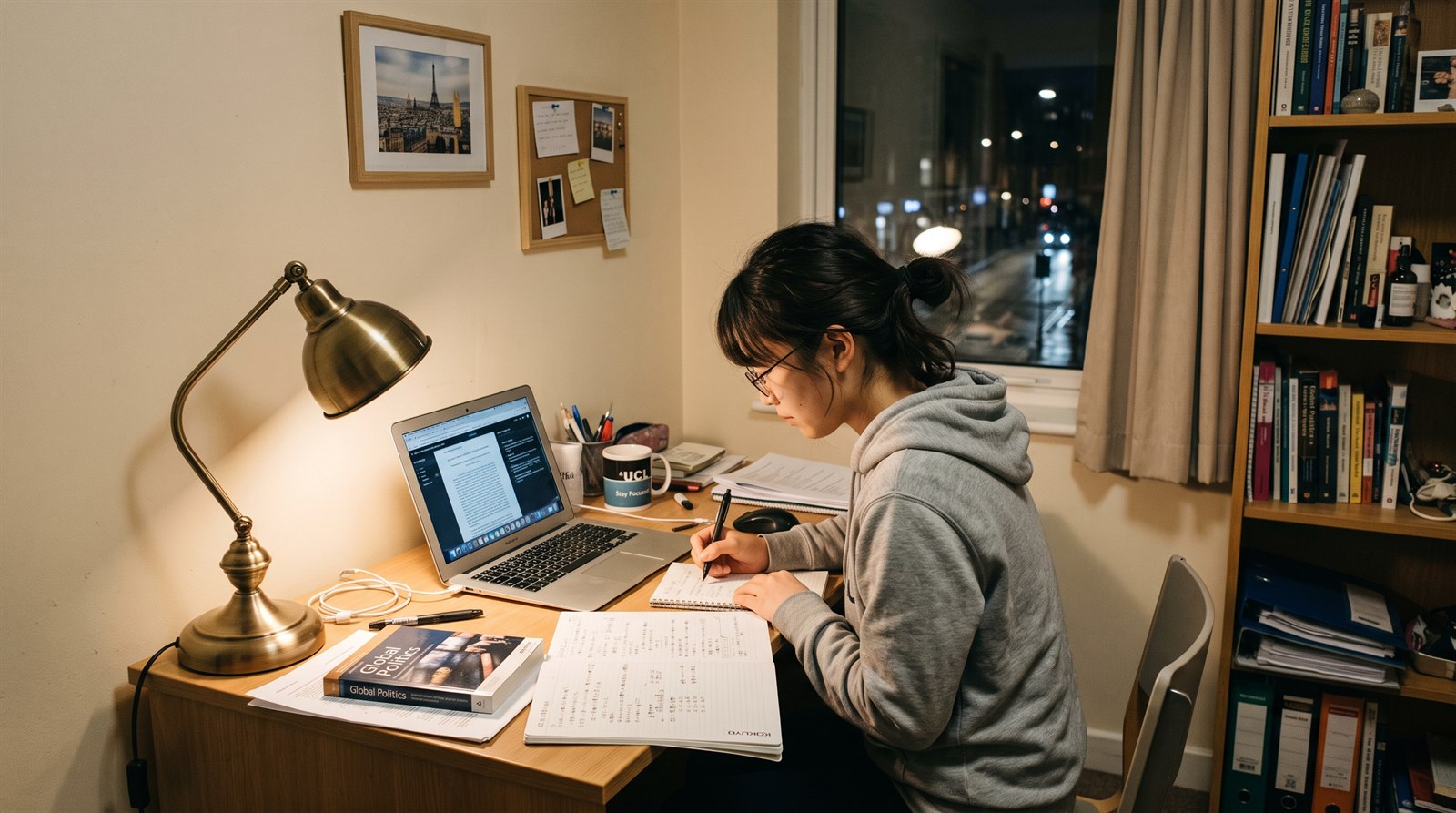 海外のアパートの机で、大学生がデスクライトの下でノートパソコンと書類を広げて作業している