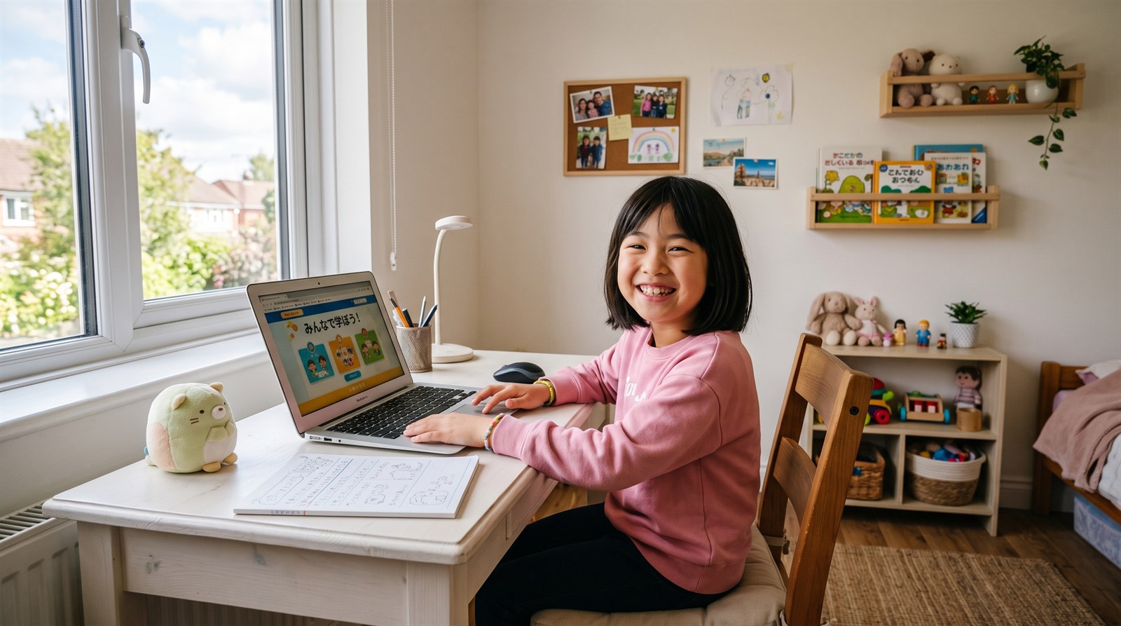 海外の自室で、小学生の女の子がノートパソコンの画面に向かって笑いながら話している