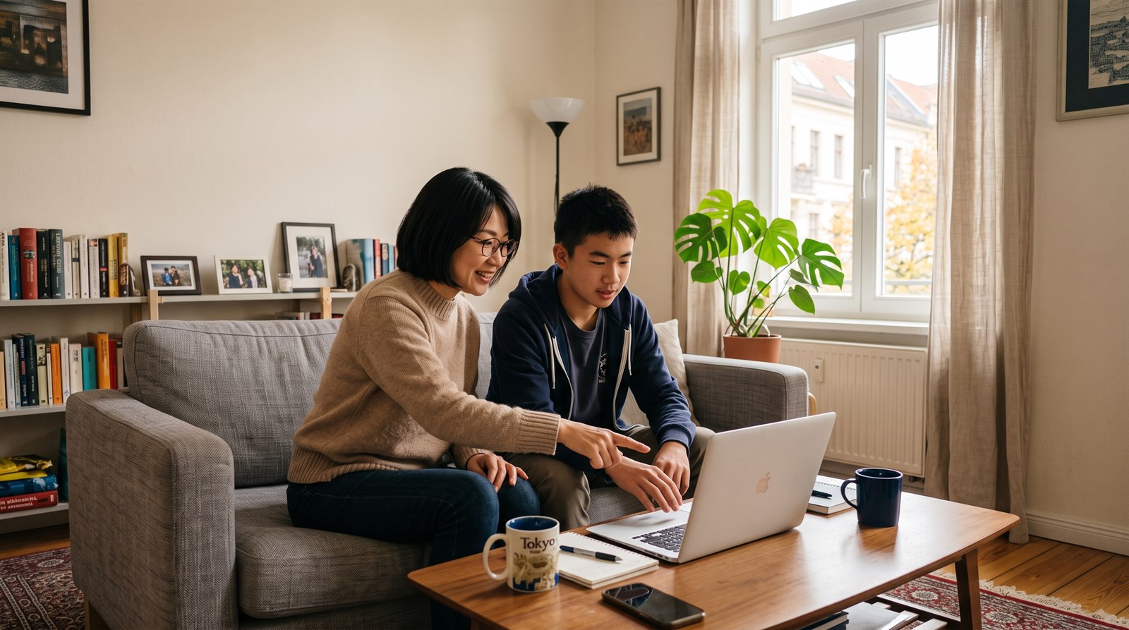 海外のアパートのリビングのソファで、母親と高校生の息子がローテーブルのノートパソコンを一緒に見ている