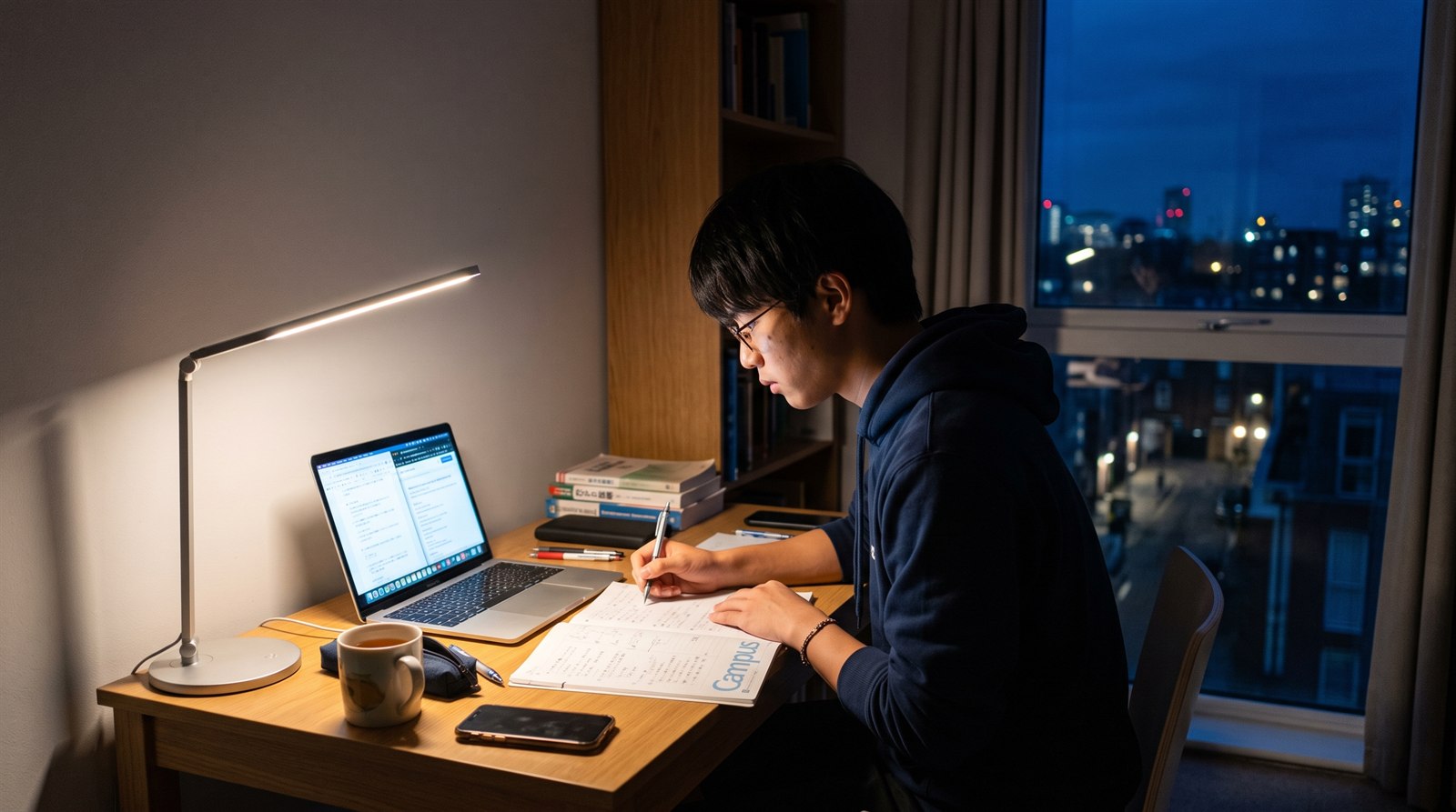夜、海外の自室の机で、男子高校生がノートパソコンの画面を見ながらノートに書き込んでいる