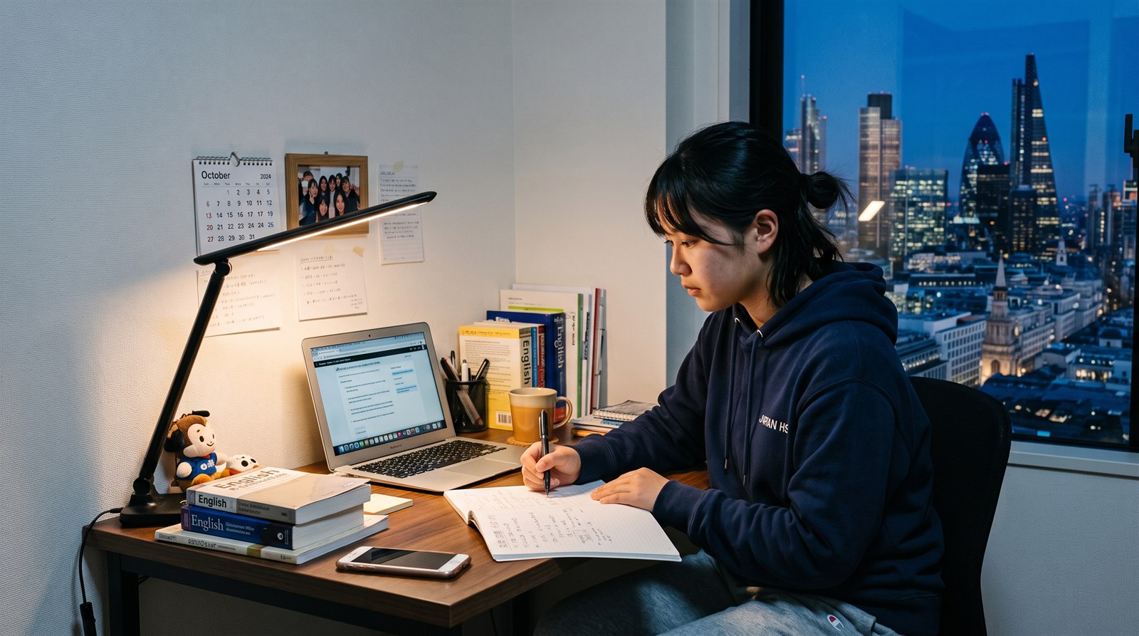 夜、海外のアパートの自室の机で、女子高校生がデスクライトの下でノートパソコンに向かっている。窓の外は街の夜景
