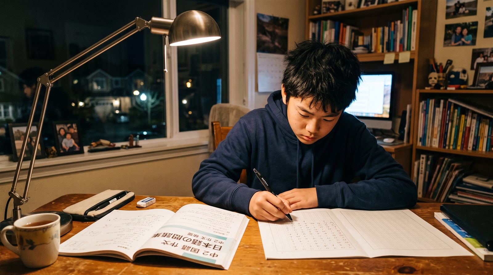 海外の自宅で日本の私立中学の編入試験の過去問と作文用紙に向かう中学生