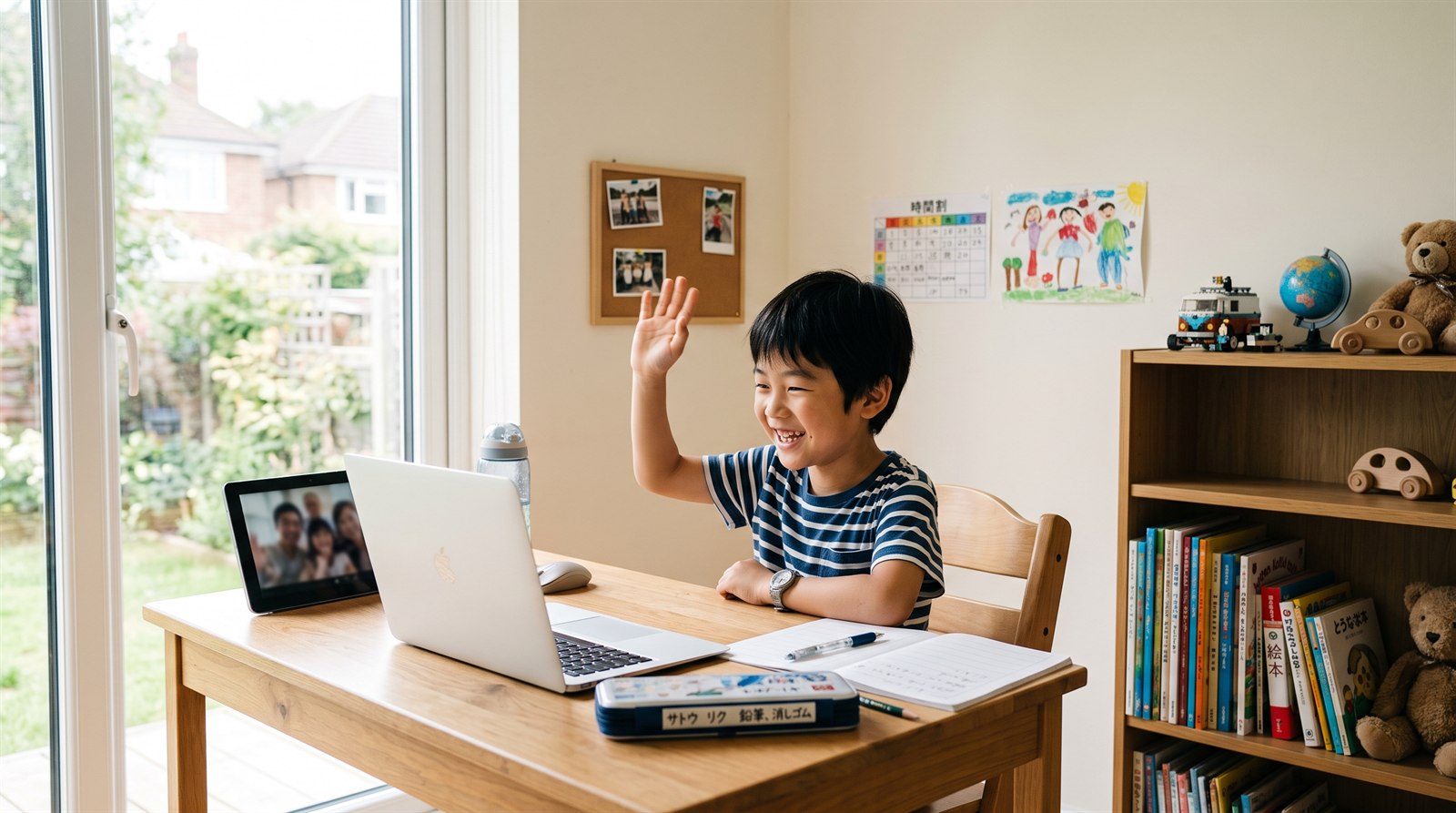 海外の子ども部屋の机で、小学生の男の子がノートパソコンの画面に手を振って笑っている