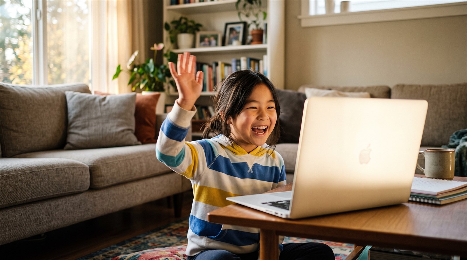 リビングのノートパソコン越しに、日本にいる同世代の友達と笑顔で日本語で話しながら学ぶ子ども