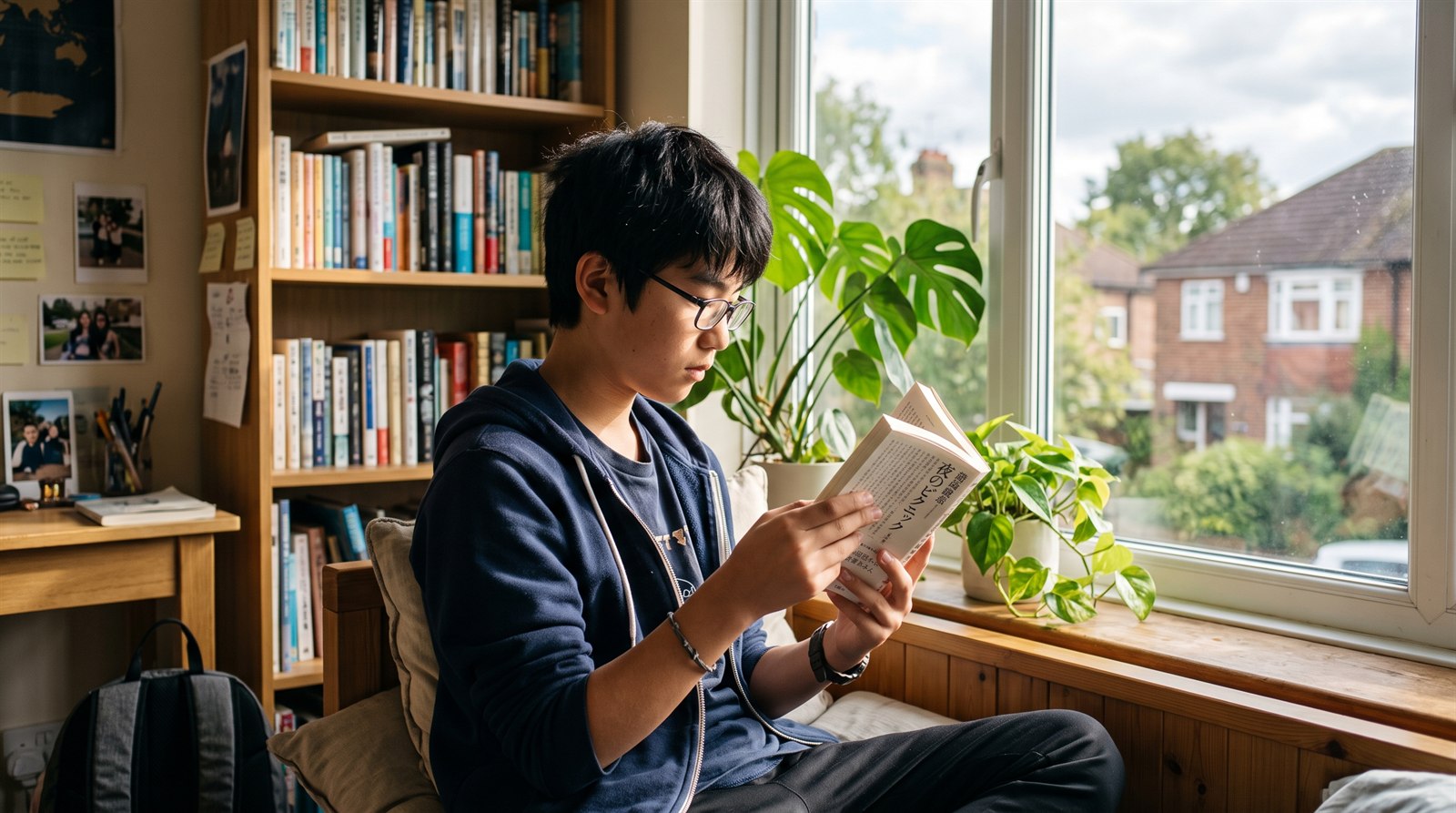海外の自宅のノートパソコン越しに、日本にいる同世代の友達と笑顔で日本語で話しながら学ぶ中学生