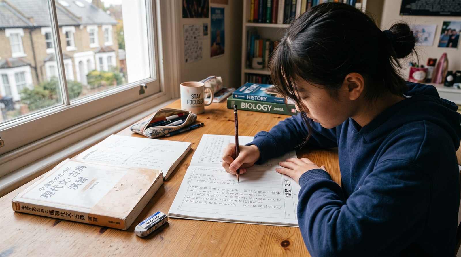 海外の自宅のノートパソコン越しに、日本にいる同世代の友達と笑顔で日本語で話しながら学ぶ中学生