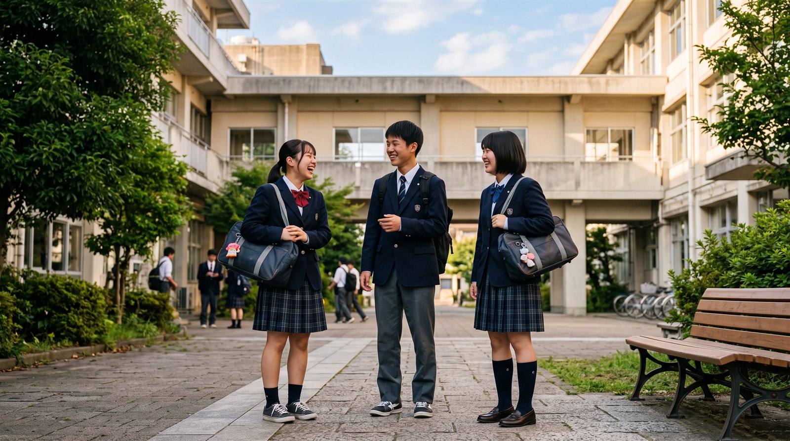 関西の私立高校の校舎を背景に、制服姿で友達と笑顔で話す高校生たち