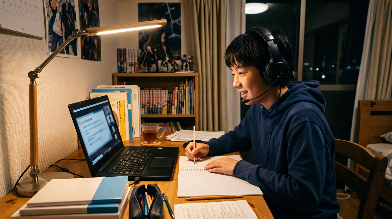 海外の自室でノートパソコン越しに、日本にいる同世代の友達と日本語で話しながら学ぶ中学生