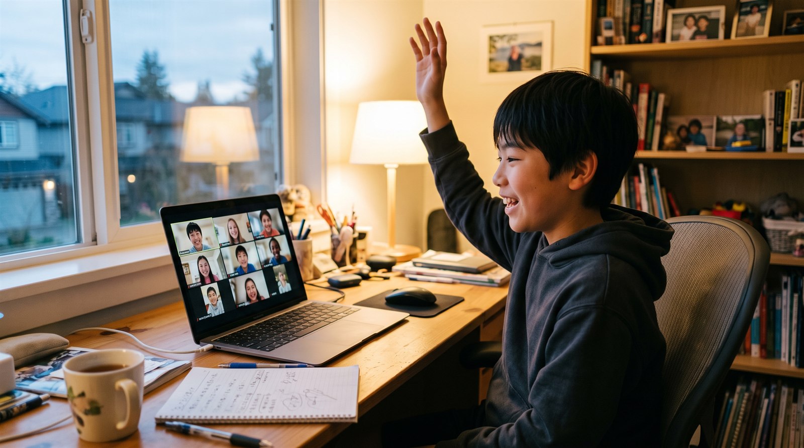 海外の自宅でノートパソコン越しに、日本にいる同世代の友達と日本語で話しながら学ぶ中学生