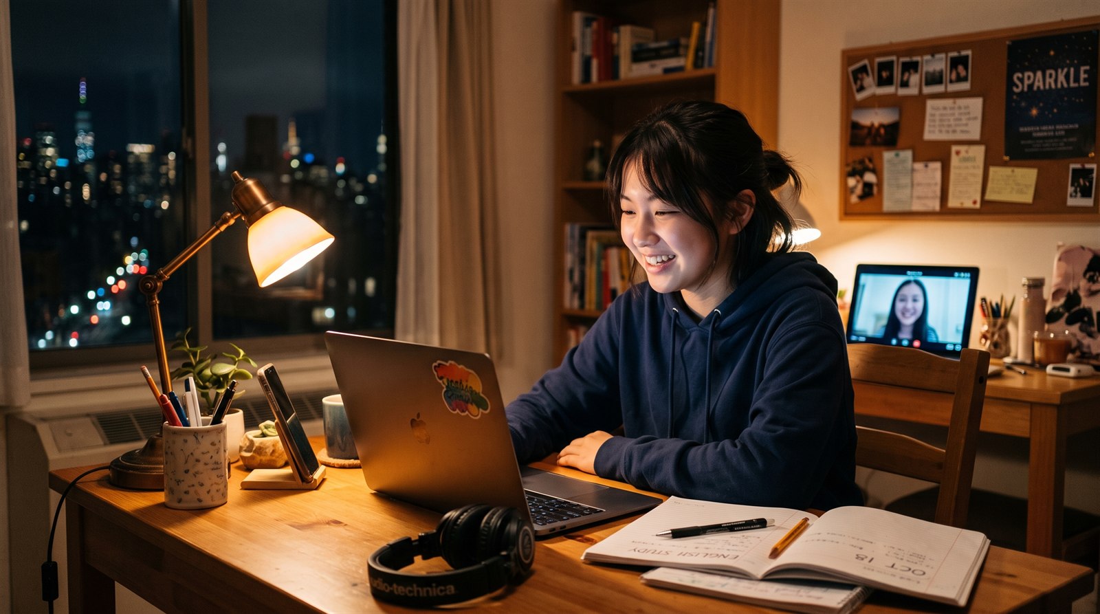 海外の自宅の学習机でノートパソコン越しに、日本にいる同世代の友達と日本語で話しながら学ぶ中学生