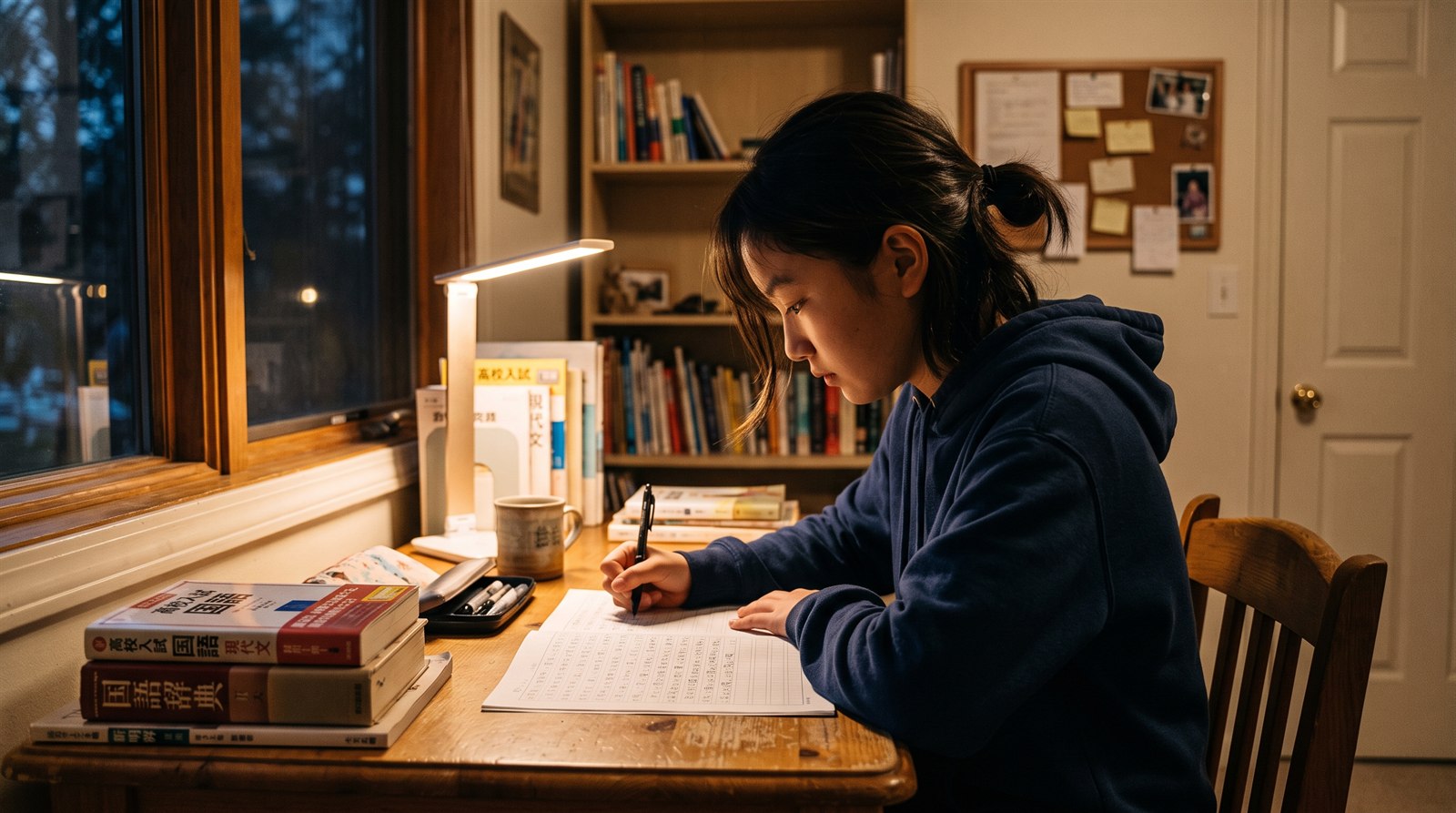 海外の自宅の机で、日本の高校の帰国生入試に向けて国語の記述問題に取り組む中学生