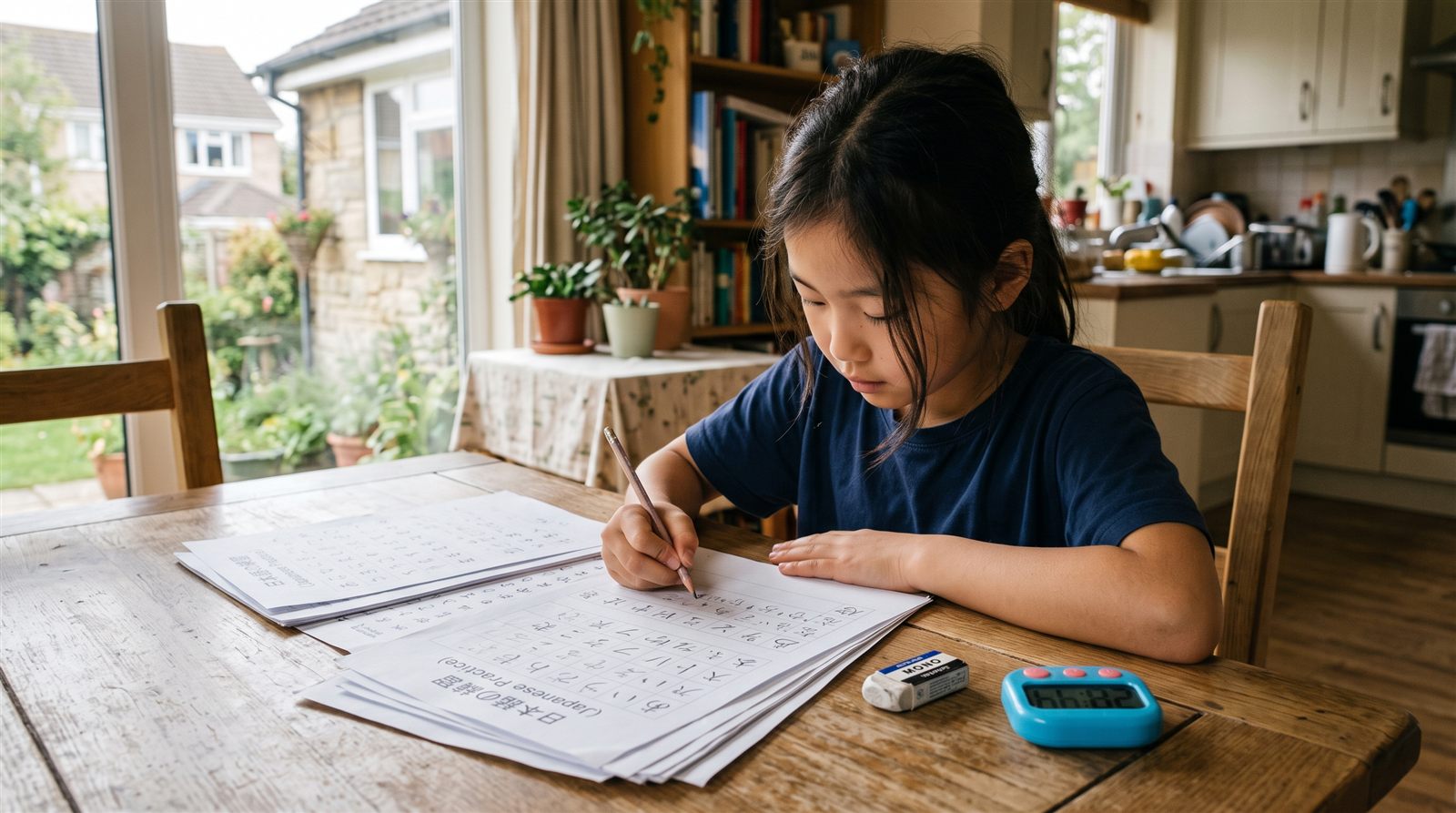 海外の自宅のダイニングテーブルで、日本語の国語のプリント教材に毎日取り組む小学生