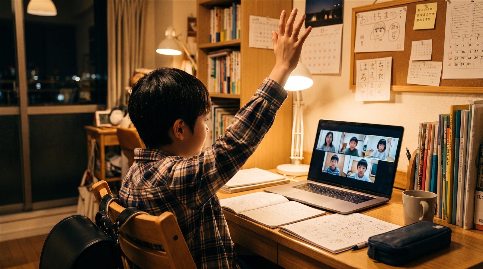 オンラインの少人数クラスで、読んだ文章について日本語で自分の考えを話す子どもの様子