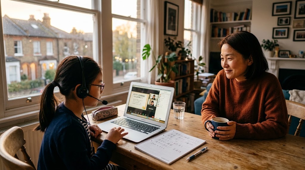 海外の自宅のリビングで、ヘッドセットをつけてオンラインの日本語グループ授業に参加する子どもと隣で見守る母親