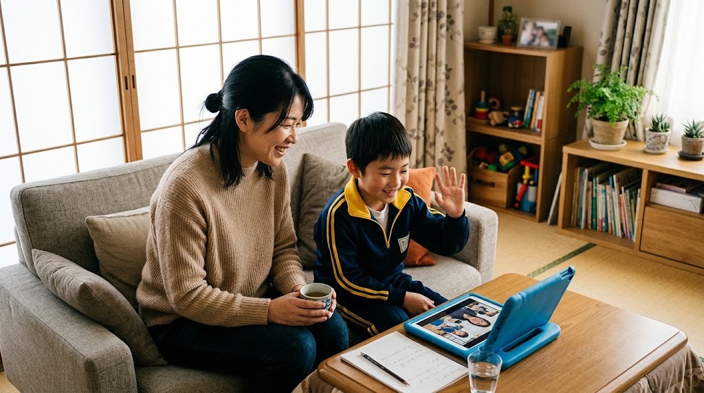 帰国後の自宅のリビングで、母親がそばで見守るなか、オンライン授業の友達に手を振ってほほえむ子ども