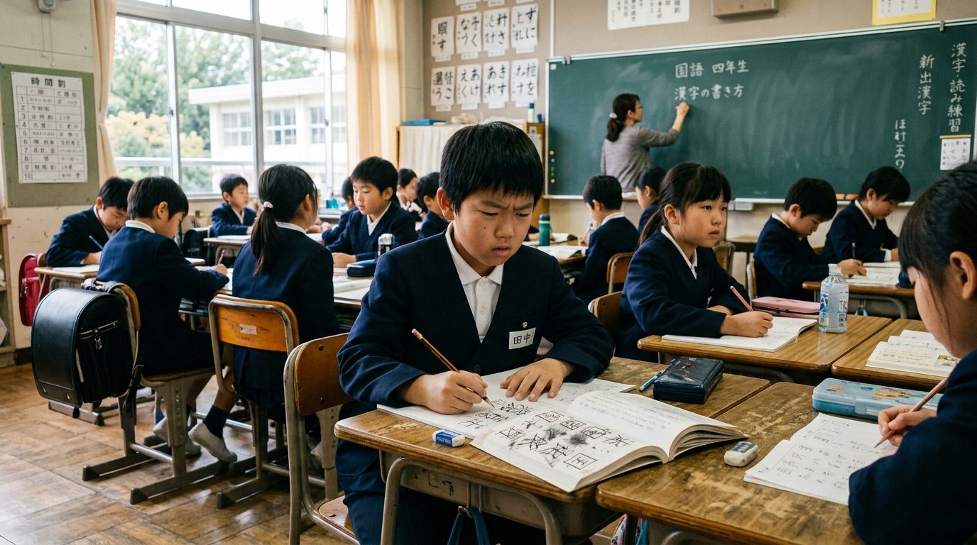 日本の小学校の教室で、教科書の漢字に戸惑いながらノートを取る帰国したばかりの児童