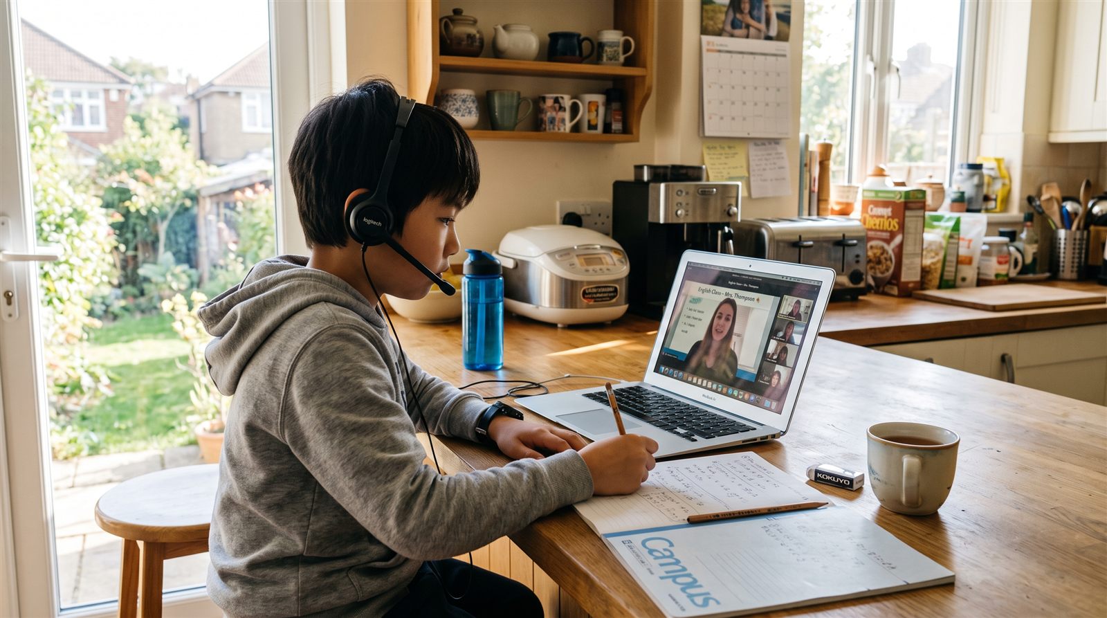 海外の自宅でオンライン授業に参加し、日本の先生と同世代の友達と日本語で学ぶ小学生