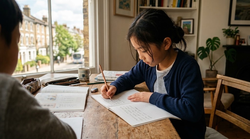 海外の自宅の机で、日本の国語の教材に向かいながらノートに記述を書き込む小学生