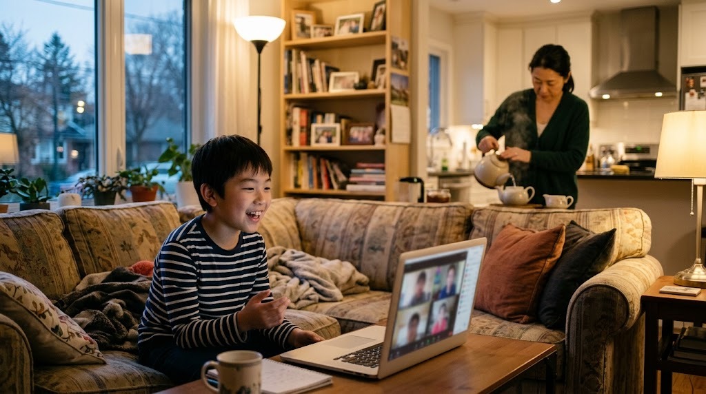 リビングのノートパソコン越しに、日本にいる同世代の友達と笑顔で話しながら日本語で学ぶ子ども