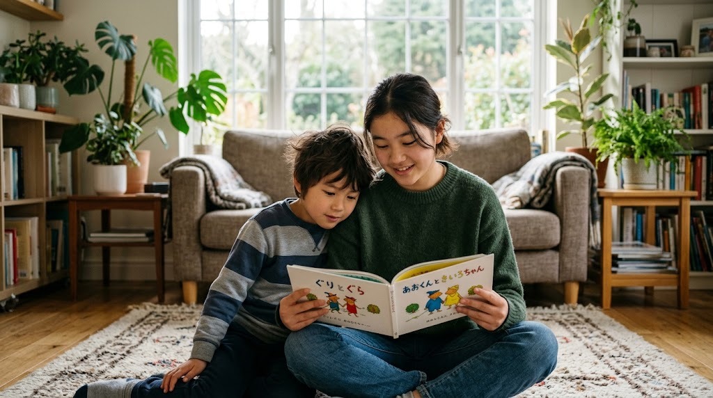 リビングの床に座り、日本語の本を広げて年下のきょうだいに読み聞かせる海外在住の中学生