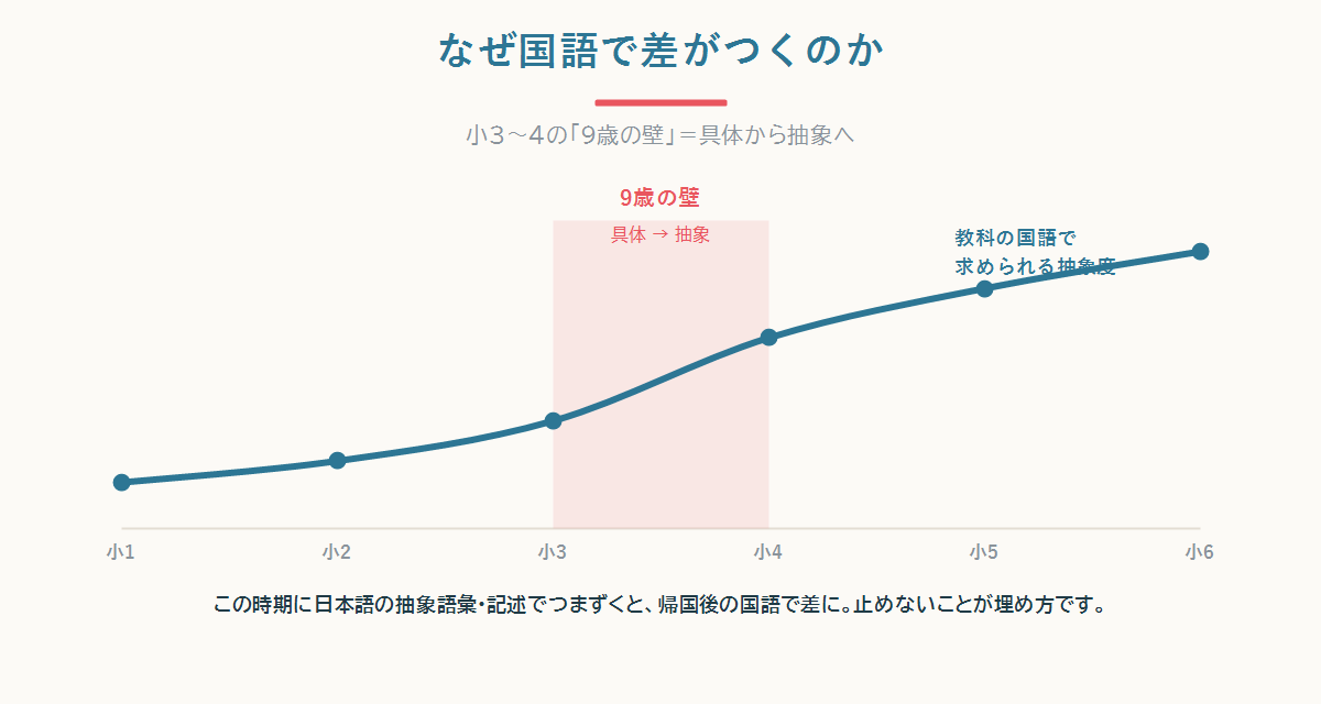 生活言語は2〜3年・学習言語は5〜7年、小3〜4で具体から抽象へ、教育漢字1026字の空白、ダブルリミテッドの4つの要因図